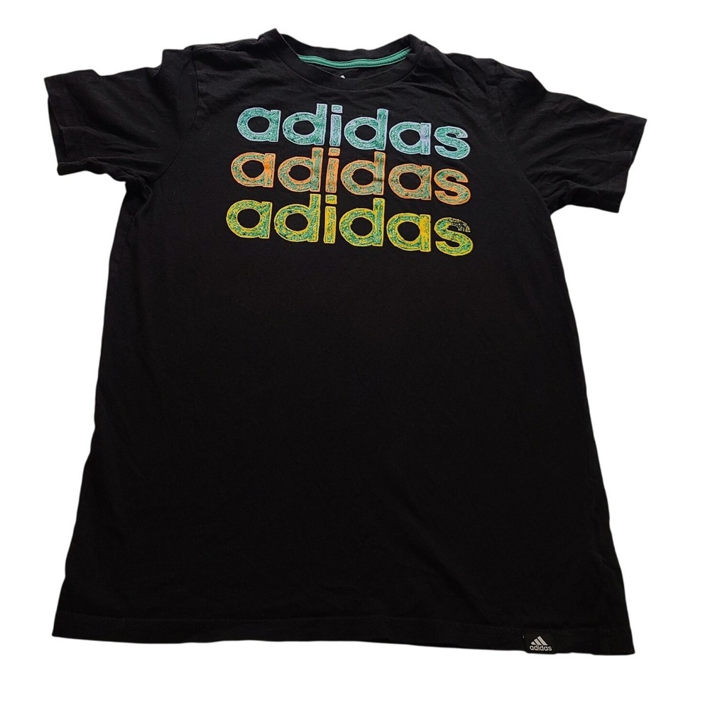 Adidas Boys Graphic Kid's T-Shirt Black Triple Logo Teal‎ Orange Yellow L 14/16